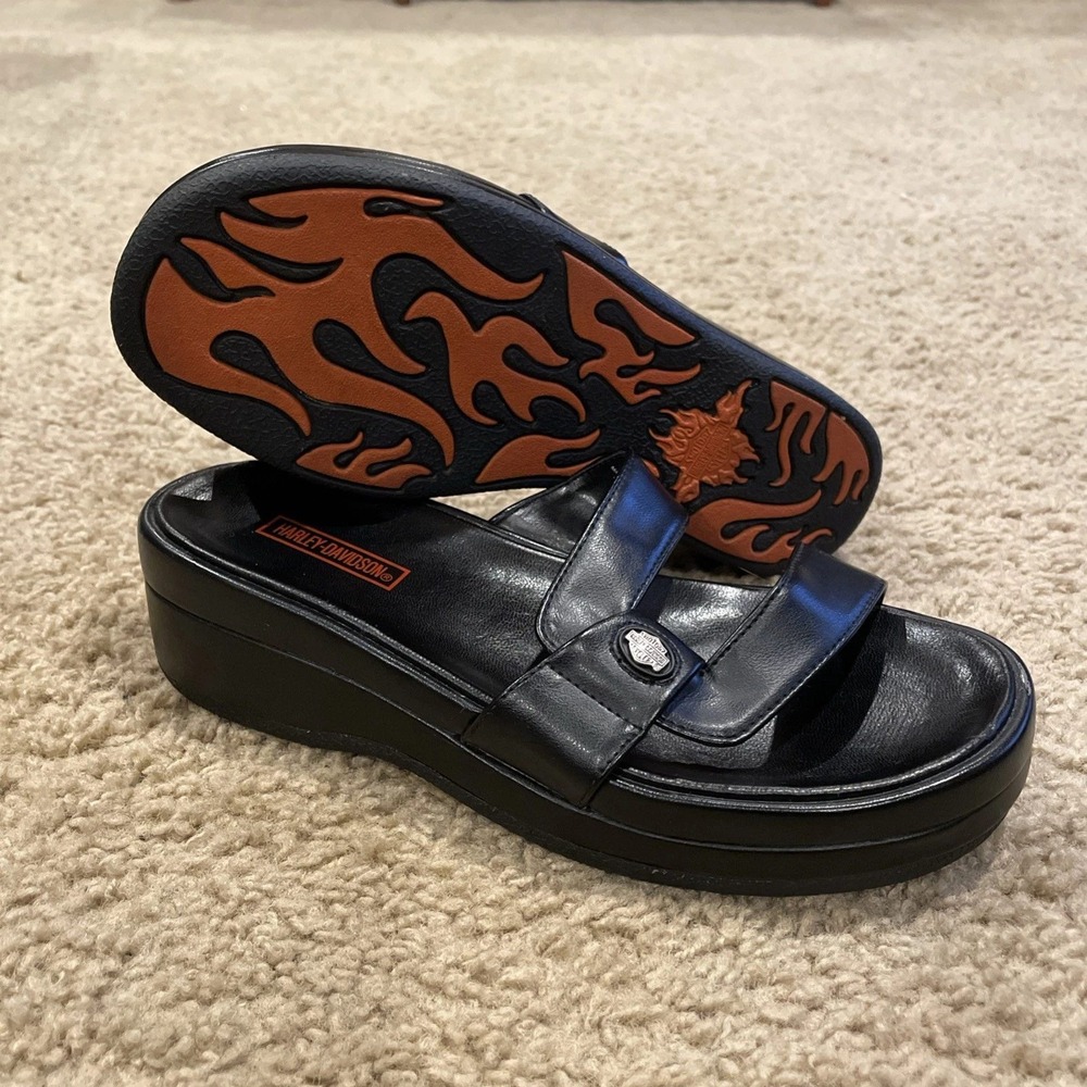 Harley Davidson Womens Black Leather Platform Slide Sandals Flame Sole Y2K 6.5